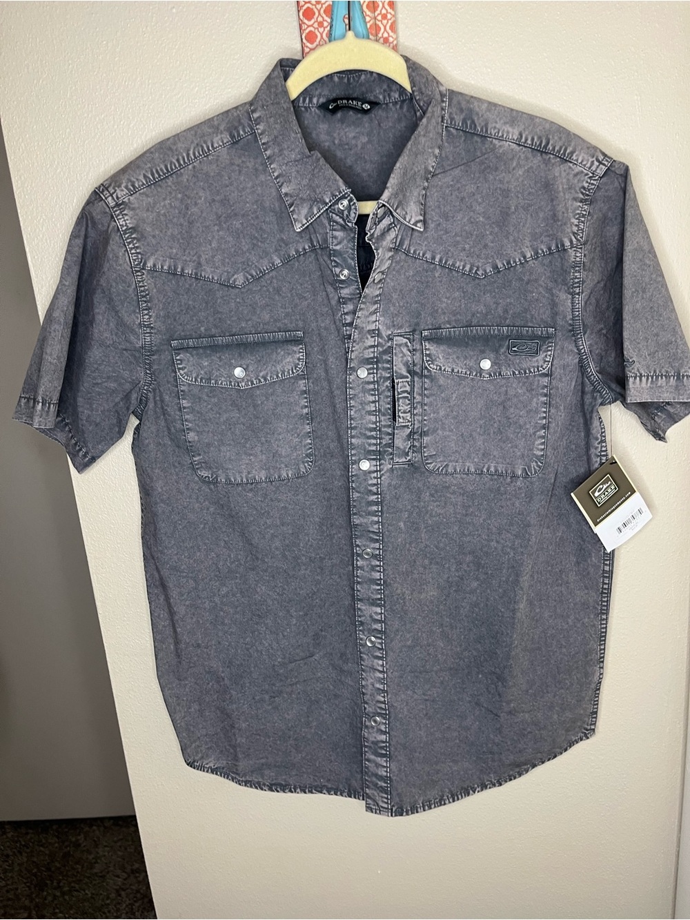 Drake Men's Gray Short-Sleeve Button Down Western Ranch Acid Wash Sz Med